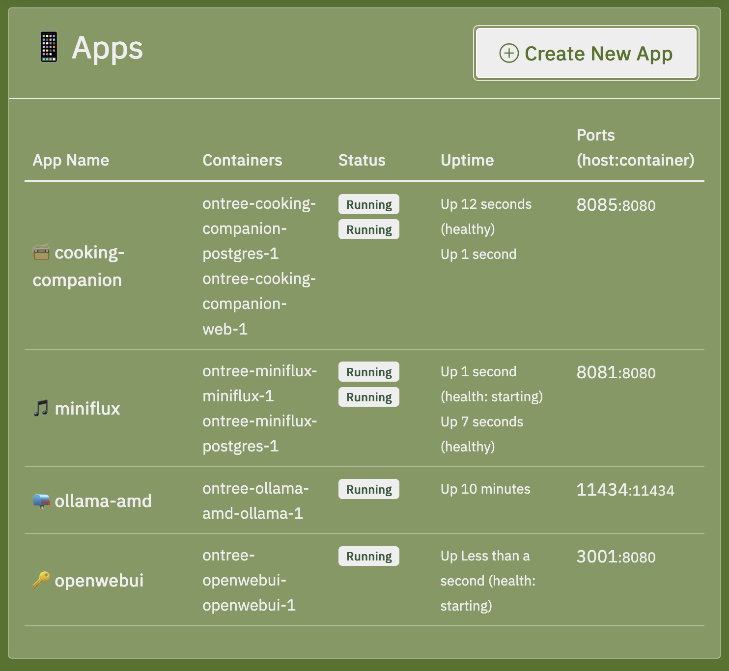 TreeOS app deployment dashboard in dark mode